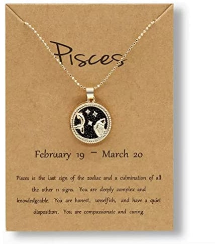 Gold Star Sign Coin Charm Pendant Chain Necklace – Night – Pisces (19th February - 20th March) - Zodiac Constellation Horoscope Celestial Astrology Jewellery - Women Men Gift