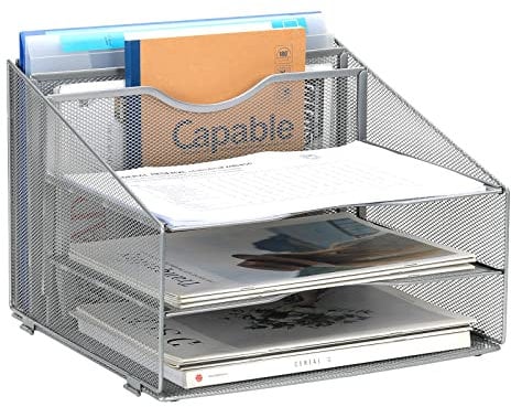 EasyPAG 3 Tier Desktop A4 Mesh in Tray Office Desk Tidy File Holder Paper Organiser Magazine Storage Shelf Filing Rack,Silver