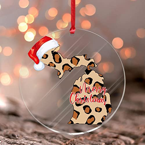 Michigan Hängende Ornamente Wild Leo Muster Leopard Haut Runde Weihnachtsbaum Ornament USA American State Outline Acryl Weihnachtskugel für Inneneinrichtung