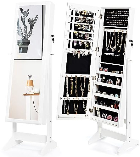 COSTWAY Schmuckschrank mit Ganzkörperspiegel, freistehender Schmuckständer, mit 108 Ohrringfächern, 18 Halskettenhaken, 98 Ringfächern, 5 Make-Up-Fächern, 2-in-1-Schmuckkommode (Weiß)