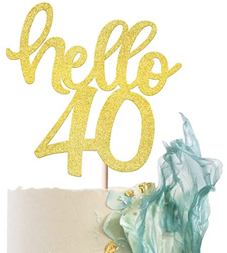 SYKYCTCY 1 Pack Hello 40 Cake Topper Glitter Number 40 Birthday Cake Pick Forty Years Old Cheers to 40 Cake Decorations for 40th Birthday Wedding Anniversary Party Supplies Gold