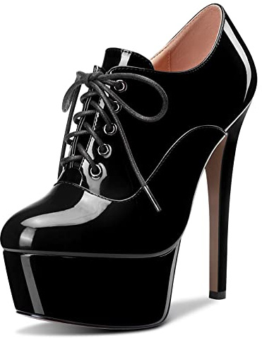 HEUIVZAR Donna Stivaletti Alto High Spillo Tacco Heel Chiusa Punta Verniciata Lacci Scarpe Nero 15 CM 45 EU