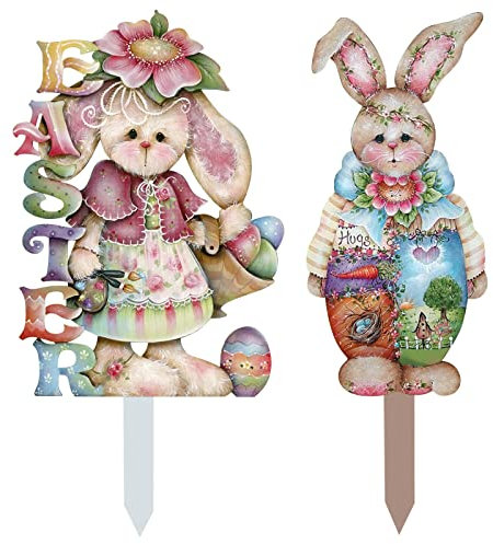 2 Stück Gartenstecker Osterhase Osterdeko Osterliche Figuren Festlich Handmade Ostern Hase Figuren Ostern Gartenschilder Ostern Rasen Straße Freien Deko für Haus, Gartendeko, (Multicolor, One Size)