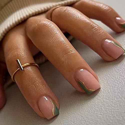24Pcs Square Press on Nails Short, Green French Tips False Nails with Gold Lines Design, Glossy Acrylic Full Cover Stick on Nails Reusable for Women and Girls Nails Art
