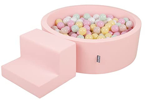 KiddyMoon Spielplatz Aus Schaumstoff Mit Rund Bällebad (200 Bälle) Ballgruben Für Babys Spielbad Hindernisläufen, Hergestellt In Der EU, Pink:Pastellbeige/Pastellgelb/Weiß/Minze/Puderrosa