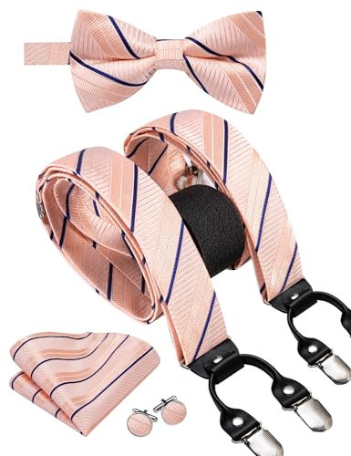 Hi-Tie Herren-Hosenträger und vorgebundene Fliege mit Einstecktuch, stark, verstellbar, 6 Clips, Y-Rücken, Herren-Hosenträger, rosa, blau, M