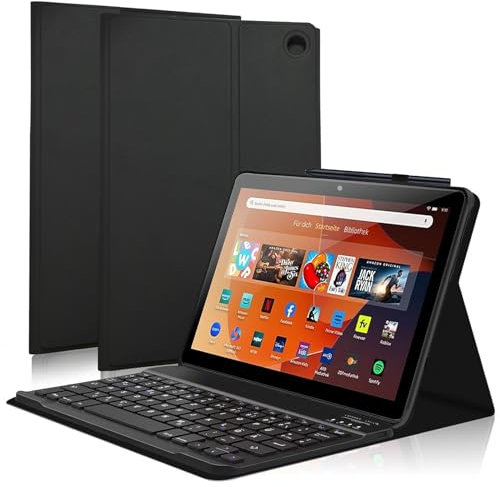 AVNICUD Tastatur Hülle für Fire HD 10 Tablet 2023 - Deutsch QWERTZ Bluetooth Tastatur Magnetisch Abnehmbarer TPU Schutzhülle Kompatibel mit All-HD10/HD10 Plus 10.1, Schwarz
