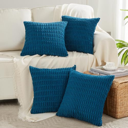 FDTERN 4er Set Boho Kissenbezug 45x45 cm Türkis Blue Flauschig Kissenbezüge Kordsamt Kissenhülle Dekokissenbezug Sofakissen Dekokissen Deko für Sofa Schlafzimmer Wohnzimmer