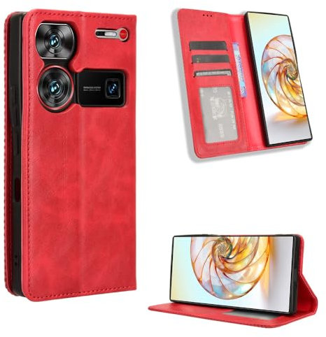 BellaCase ZTE Nubia Z60 Ultra Coque [Étui Portefeuille] [Fonction Support] [Slots pour Cartes] [Couverture à Rabat Magnétique] Compatible avec Le Smartphone ZTE Nubia Z60 Ultra(Rouge)