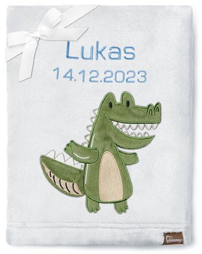 Be Mammy Personalisierte Babydecke mit 3D Applikation Warme Kuscheldecke mit Namen und Geburtsdatum; Perfektes Baby Geschenk; Blanket; Krabbeldecke BE20-280 (Hellgrau - Krokodil)