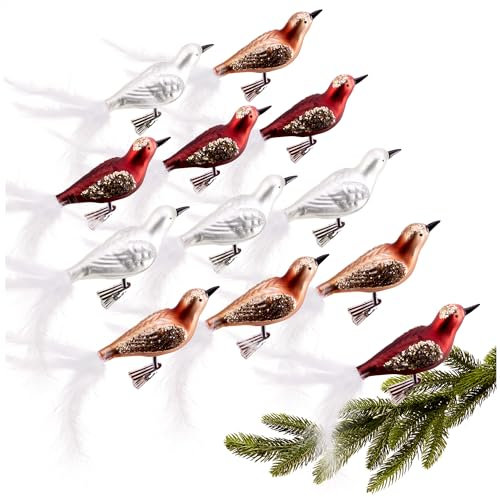 com-four® 12x Vogel auf Clip - glänzende Vögel mit Langen, weißen Schwanzfedern - Zierschmuck für die Wohnung - Raumdeko mit kleinen Pailletten