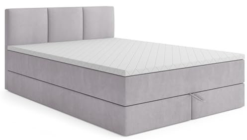 MRGROUP Boxspringbett mit Bettkasten RYGA 120 x 200 cm, Samtstoff, Polsterbett mit Bonell-Matratze und Topper, Doppelbett mit Stauraum, Bett für Schlafzimmer, Gepolstertes Kopfteil, H3, hellgrau