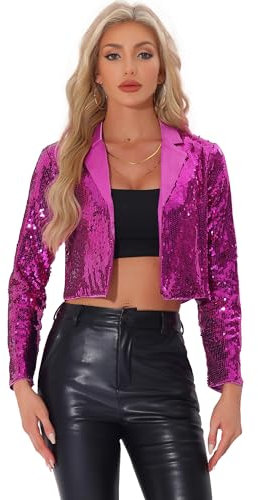 Allegra K Giacca con Paillettes da Donna Cardigan con Colletto a Bavero da Festa Aperto sul Davanti Blazer Corto Scintillante da Festival per Halloween Rosa Caldo S