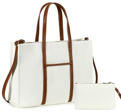 BTOOP Sac fourre-tout pour femme, sac fourre-tout pour enseignant, ordinateur portable de 15,6, sac à main de bureau avec pochette, Toile marron blanc, Fourre-tout