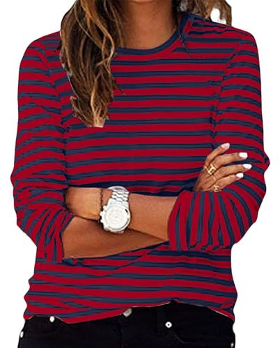 Tshirt Damen Gestreiftes Langarmshirt Damen Pulli Rundhals Langarmshirt Basic T-Shirt mit Streifen Rundhals Ausschnitt Casual Lose Hemd Pullover Oberteil Sweatshirt Bluse Tops Frauen Pullover