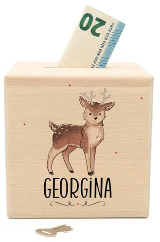Muckelmeister Spardose Kinder Personalisiert mit Namen aus Holz - 10x10x10cm - Spardose mit Schloss und Schlüssel - Taufgeschenke für Mädchen und Jungen - originelle Geschenke zur Geburt - REH