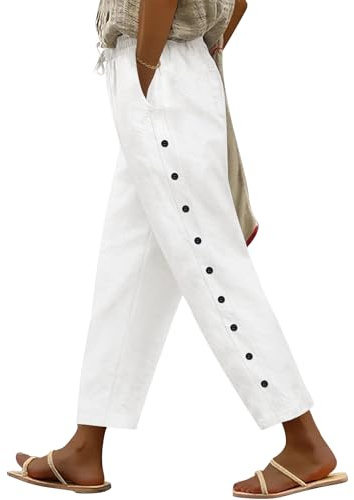 Yuson Girl Pantalon Femme Été Coton 7/8 Pantalons Taille Haute Elastique Décontractée Pantacourt à Boutons Décoratifs Léger Solide Couleur de Plage Large avec Poches(Blanc, M)