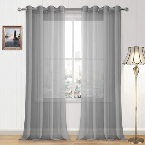 DWCN Graue transparente Vorhänge mit Ösen für Schlafzimmer und Wohnzimmer, Kunstleinenoptik, Voile, halbtransparent, einfarbig, Gardinen, 132 x 250 cm lang