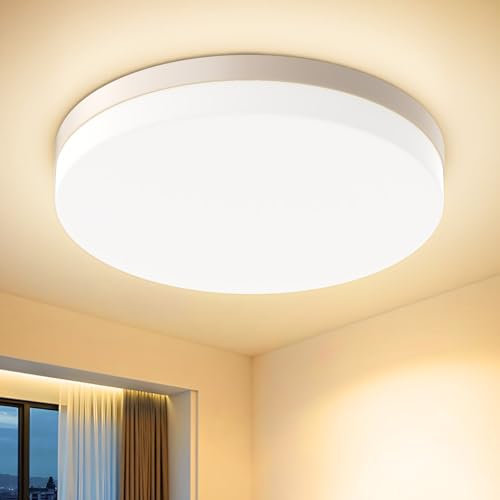 Kuwork Deckenlampe LED Deckenleuchte Flach 48W, Schlafzimmerlampe 3000K 4800LM, IP44 Wasserfest Badezimmer Lampe Deckenlampe Wohnzimmer für Bad Flur Schlafzimmer Balkon Küche Keller Lampe, 300 * 40mm
