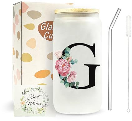 JEKUGOT Personalised Travel Mug, Tumbler Glass Cups with Lids and Straws, A-Z Custom Mugs, Glass Coffee Travel Mug, Iced Coffee Cup Birthday Gifts for Women, Personalised Gifts for Mothers,Friends(G)