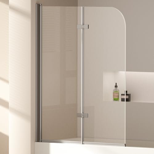 EMKE Paroi de douche pour baignoire 110x140 cm, pare-baignoire pliant 2 parties, paroi de baignoire en verre de sécurité 6 mm, séparation de douche pour baignoire,Facile à Nettoyer