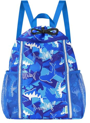 WAWSAM Mochilas de Cuerdas Niño Chico, Tiburón Cuerdas y Saco de Gimnasi, Impermeable Bolsa de Cuerdas Mochila Deportiva, Bolsillos Laterales de Malla Dobles para Deporte Viaje Playa nadar
