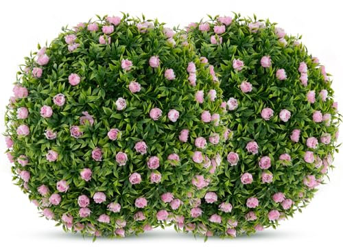 GIANTEX 2 Stück Buchsbaumkugel 37cm, künstliche Pflanze Dekokugel mit rosa Blumen, Buchsbaum Kugel Formschnittball UV-beständig, Kunstbaum Kunstpflanze dekorative Kugelpflanze Dekopflanze für Hochzeit