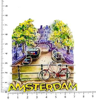 Amsterdam Canal Scene 3D Decorative Fridge Magnet, Cityscape with Bicycles and Boats