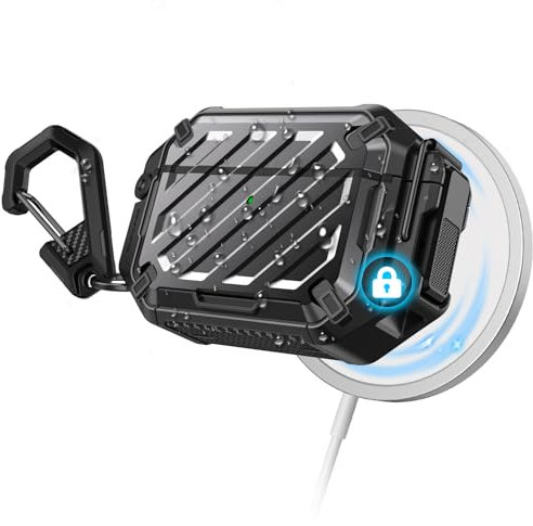 ​SUPCASE für AirPods Pro 2./1. Gen Hülle mit Schloss & Karabiner (Unicorn Beetle Pro), [IP68 Wasserdicht] [Militärgrade Schutz] [Unterstütz Kabelloses Laden] Kratzfest Schutzhülle​​ Hardcase (Schwarz)