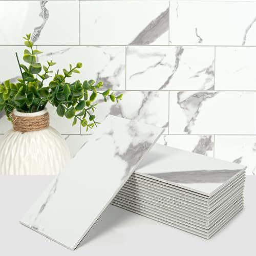 Art3d 102 piezas de azulejos de piedra sintética para despegar y pegar, PVC grueso impermeable para pared de metro, azulejos de pared para cocina, baño, lavandería, chimenea, 3 x 6 pulgadas, mármol