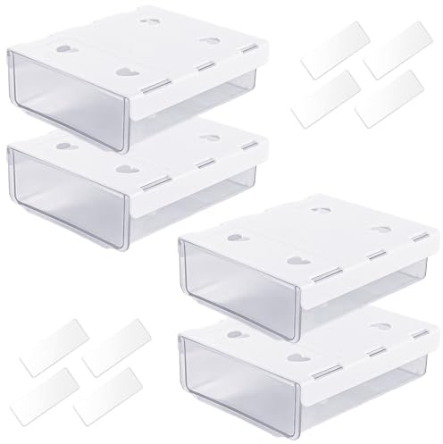 LOPYXBR 4 Packs Under Desk Storage Drawers 20x17x6cm White Under-Desk Drawers Self Adhesive Under Table Drawer, Large-capacity Under Table Storage Drawers for Home Office(White)
