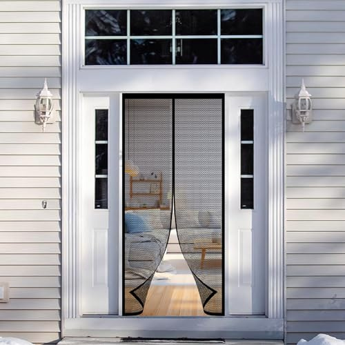 Fly Screens for Doors Metal 90 x 200 cm Mesh Curtain No Drilling Required Keeping Out Flies for French Doors Sliding Glass Patio, Black