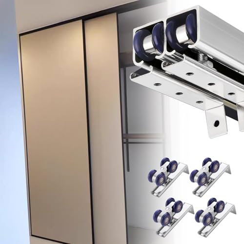Sistema de riel para puerta corredera con herrajes para 2/4 puertas, longitud personalizable (50 cm), perfecto para armario, armario divisor de habitación, elegante acabado plateado