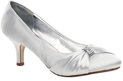 Women’s Satin Low Kitten Heel Court Shoes – Diamante Buckle Bridal Bridesmaid Prom Party Heels for Wedding-Sliver 3 UK