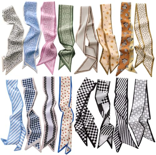 DAZZLEBRITE 16 Pcs Scarves for Women, 35.4×2.4 Boho Purse Scarf for Handbags, Multifunctional Satin Hair Bandanas Necklaces Headbands for Hair Neck Bag Head Fashion Accessories (Set 2)