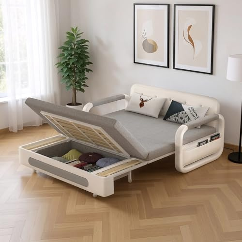KAANAA Ausziehbares Schlafsofa - Sofa mit Schlaffunktion und Stauraum, Schlafcouch für kleine Räume und Wohnzimmer, Dunkelgrau und Weiß (150cm)