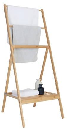 Relaxdays Handtuchständer Bambus, klappbar, Ablage, 3 Stangen, Natur | HxBxT: 112 x 55 x 44,5 cm, Handtuchablage
