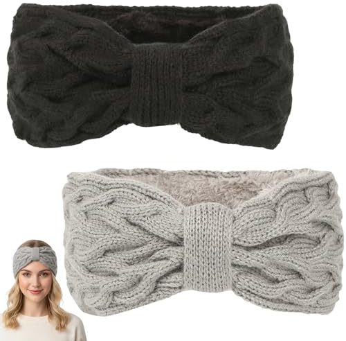 Stirnband Damen Winter, 2 Stück Gefütterte Fleece Stirnbänder mit Schleife, Headband Damen, Elastische Kopfband Mädchen Frauen, Weiches Haarband für Kälte, Grau und Schwarz