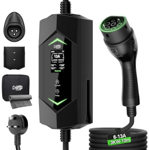 CNBINGO EV Charger Type 2 to 3 Pin Plug, 3kW, Adjustable 6/8/10/13A, 32.81Ft/10M Charging Cable, Suitable for EVs & PHEVs