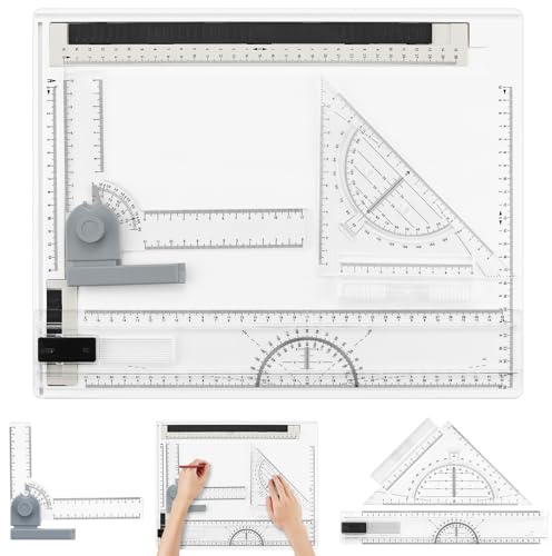 eSynic A4 Tavolo da Disegno 37x30cm Professionale con Fermacarte e Scorrimento Magnetizzato, Include Righello Rotante, Squadre, Goniometro, Kit Completo per Architettura, Scuola, Calligrafia