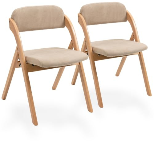 SEEDWAVE Klappstuhl 2er Set, Esszimmerstuhl mit Buche-Füßen und Filzpads, Abnehmbarer Leinenbezug aus Leinenstoff, Faltbarer Küchenstuhl, modern (Khaki)