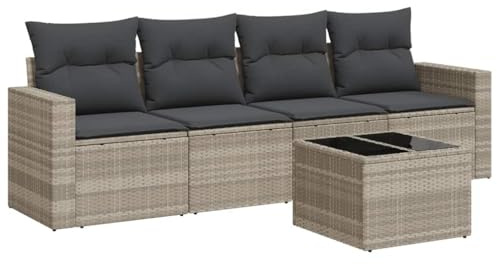 XHNIFBN Set di 5 divani da giardino grigio chiaro, set lounge in rattan sintetico con tavolo, gruppo sedute per terrazza e giardino, mobili lounge modulari con cuscini