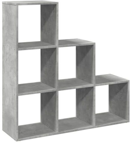 Fisinber Libreria divisoria con 6 scomparti, scaffale per scale in legno per soggiorno e ufficio, scaffale a cubo a forma di scale, 99 x 29 x 99 cm, colore grigio cemento, per decorazioni e libri