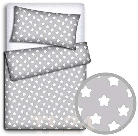 Baby Newborn Bedding Set Pillowcase + Duvet Quilt Cover 2 Piece to Fit Cot Crib Cradle Pram 135x100cm (Big white stars on grey background)