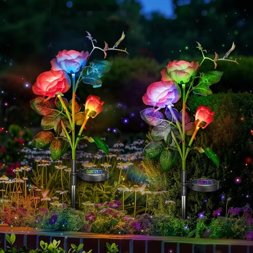 Anordsem Luci solari per esterni, impermeabili per giardino luci a forma di rosa cangianti di colore luci solari per terrazze patio cortile sentiero aiuole (rosso)