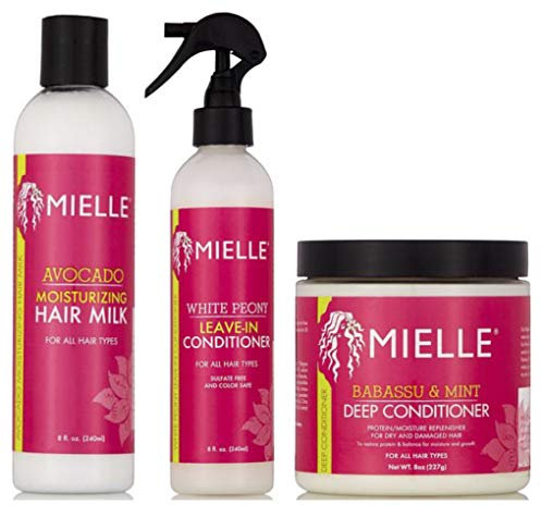 Mielle Organics Feuchtigkeitsspendende Haarmilch mit Avocado, 8 oz, revitalisierend ohne Ausspülen, weiße Pfingstrose, 8 oz und Babassu-Öl und Conditioner mit tiefer Minze, 8 oz