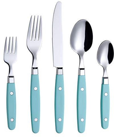 ANNOVA Ensemble de couverts/couverts en acier inoxydable avec poignées de couleur et rivets/style rétro. (Turquoise, 20 Pieces)