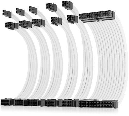 AsiaHorse 16AWG Pro Power Supply Sleeved Cable, White Power Supply Extension Cable Dual EPS Kit, 1x24-PIN/ 2x8-PORT (4+4) M/B,3x8-PORT (6+2) PCI-E, 30cm Length with 2 Set of Combs