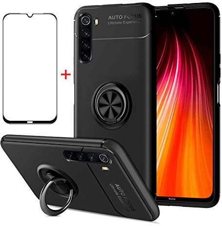 AKABEILA Funda Xiaomi Redmi Note 8, Cristal Templado Xiaomi Redmi Note 8, Compatibile con Xiaomi Redmi Note 8 Carcasa en Silicona Pantalla Protectora Fundas Prueba Golpes Agarre Anillo Soporte, Negro