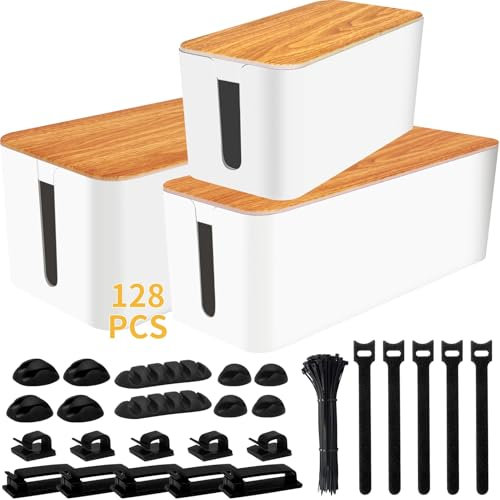 Cable Management Box 3 Pack with 141PCS Cable Management Kit for Power Strip to Hide Wires,Cord Organizer Boxes,Safe ABS Material Wire Organizer of Cable Clips Sleeve for Home & Office